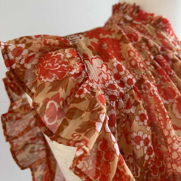 Rachel Zoe Orange Chiffon Floral Metallic Flutter Blouse with Smocked Hem – US M - Picture 6 of 8